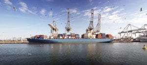 containership at port with birds