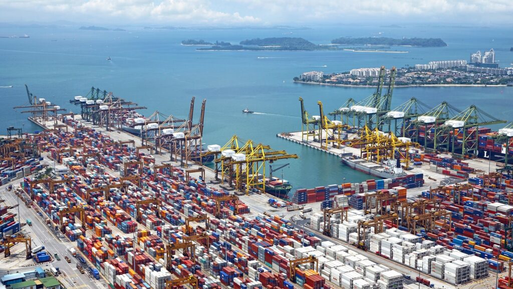ocean freight cargo containers sitting at port