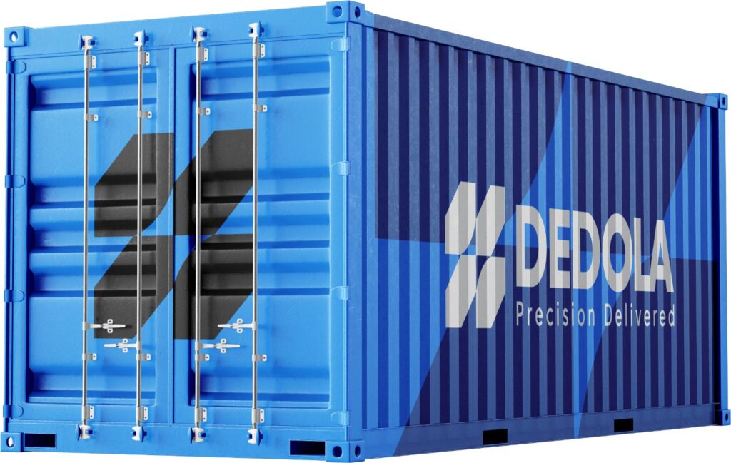 Blue freight container with Dedola Global Logistics branding