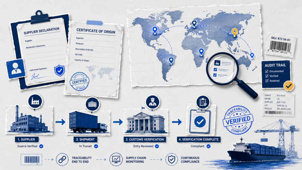 What Does a Best-Practice Import Compliance Audit Look Like in 2025? 1 Editorial logistics infographic illustrating country-of-origin verification, supplier traceability, customs review, and import compliance workflows in 2025.