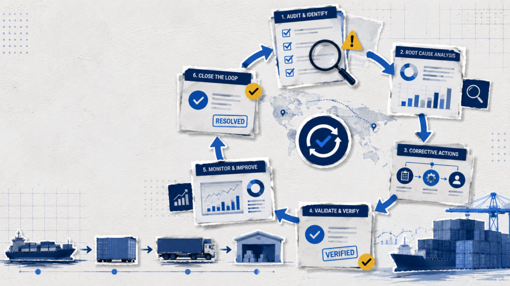 What Does a Best-Practice Import Compliance Audit Look Like in 2025? 2 Editorial logistics infographic showing a closed-loop import compliance audit workflow with corrective actions, shipment validation, and customs monitoring.