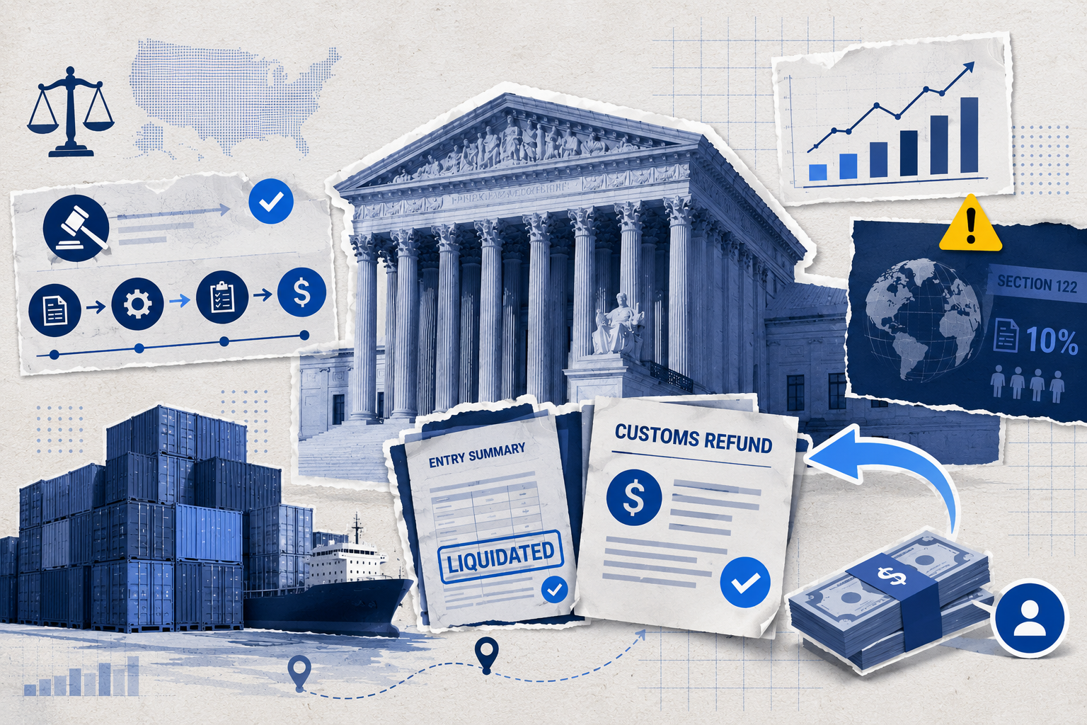 Editorial logistics collage showing the Supreme Court tariff ruling, customs refund processing, and importer tariff recovery workflow in 2026.