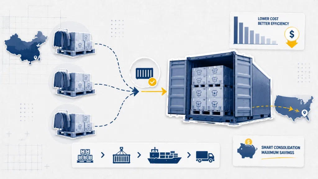 Seasonality and Surcharges: Importing Apparel from China in a Volatile Market 6 Minimal editorial logistics collage illustrating apparel consolidation from China to the USA with garment cartons, shipping pallets, freight flow arrows, and consolidated container loading visuals