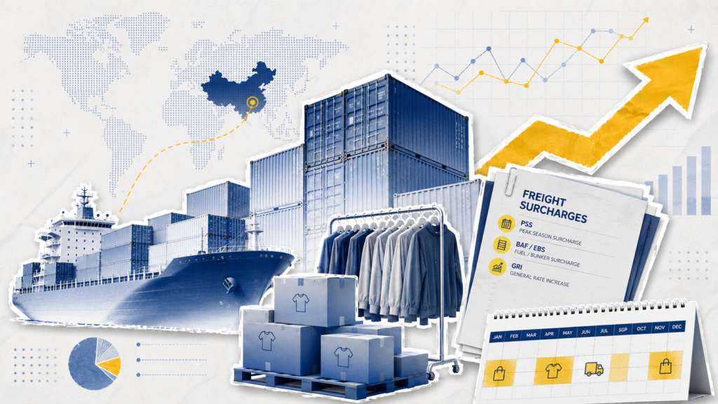 Editorial logistics collage illustrating apparel supply chain volatility in 2026 with stacked shipping containers, garment racks, freight surcharge documents, and shipping analytics overlays. Blue-to-white gradient paper-cutout objects represent apparel imports from China, seasonal logistics disruptions, and freight market volatility. Modern minimalist freight forwarding visual with trade charts, shipping calendar graphics, and directional movement elements on a clean background.