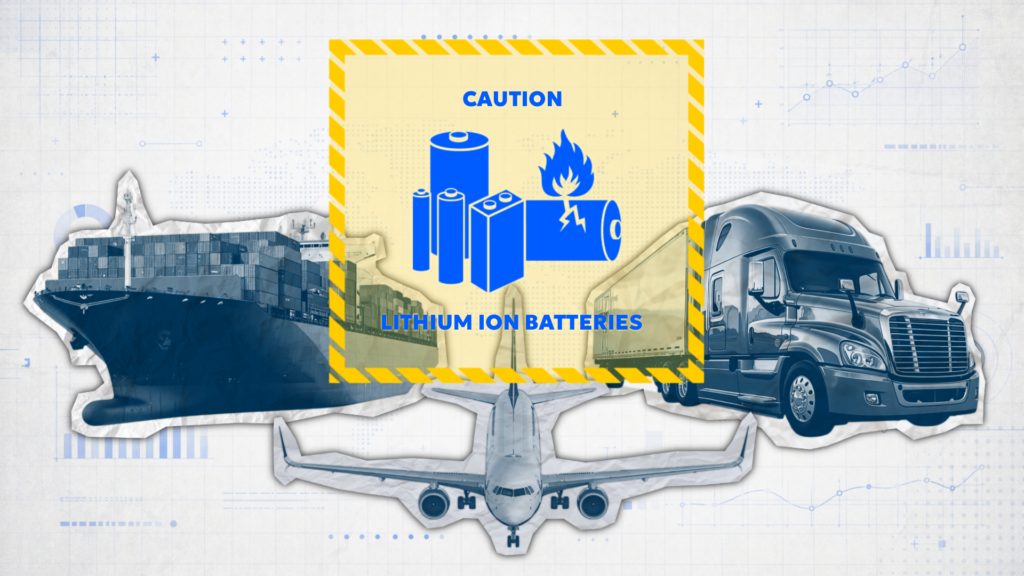 Lithium battery shipping network showing air, ocean, and ground transport routes with connected logistics flow