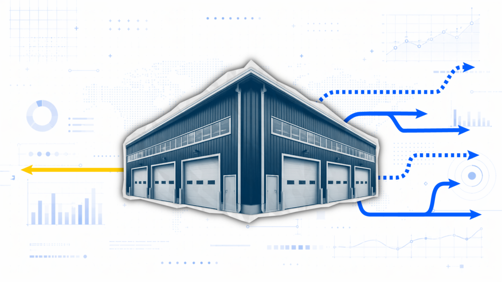 Split editorial collage showing limited vs expanded logistics network with warehouse and shipping routes