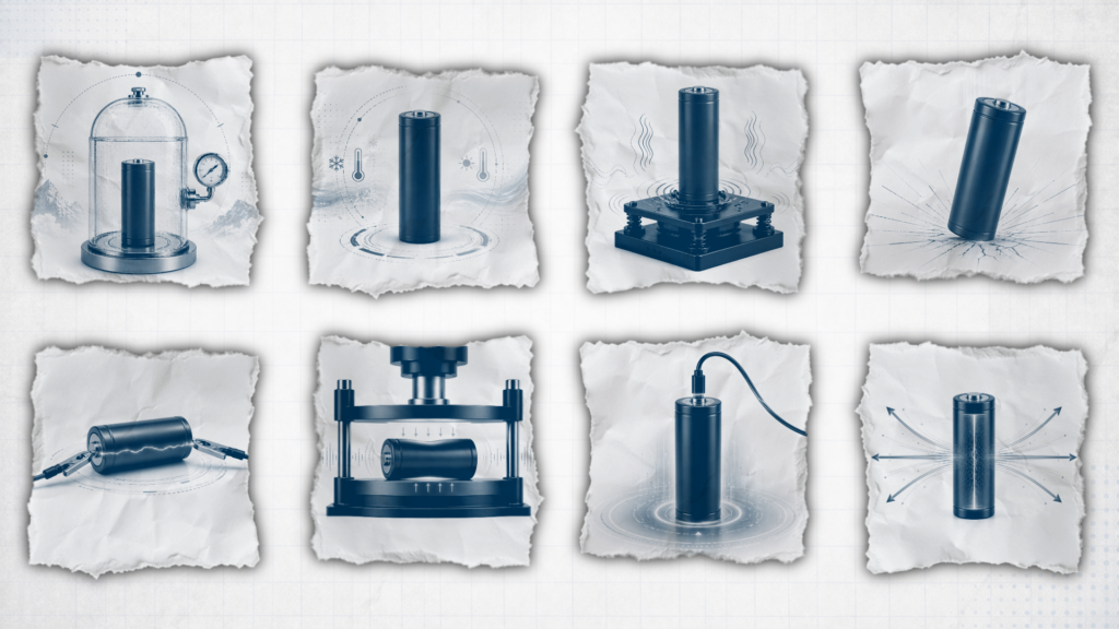 2026 Lithium Battery Shipping Regulations: How to Keep Tech Products Moving 4 UN 38.3 lithium battery testing visual showing altitude, thermal, vibration, shock, short circuit, crush, overcharge, and discharge scenarios