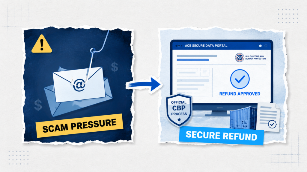 Editorial logistics collage comparing tariff refund phishing scams with secure CBP refund processing through an official customs portal
