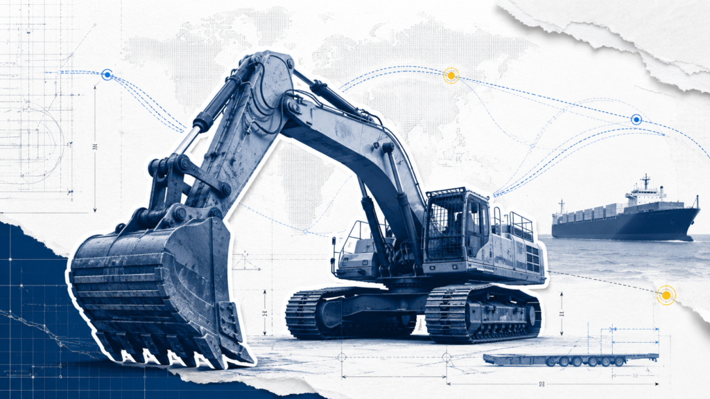 Heavy machinery prepared for international ocean transport with specialized logistics planning