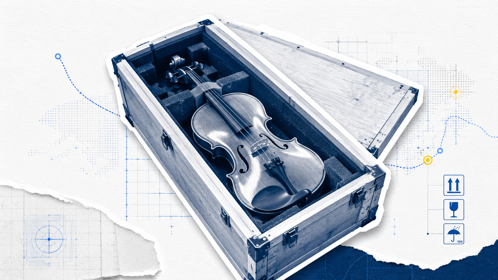 High-value musical instruments prepared for international shipping inside protective freight crates