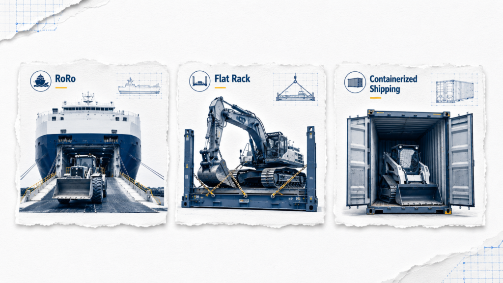 Shipping Heavy Machinery Overseas: The Ultimate Guide 1 Comparison of RoRo, flat rack, open top, and containerized shipping methods for heavy machinery