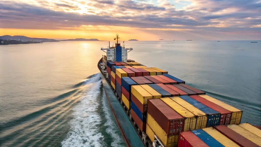 Container ship in the ocean with sunset in the background.