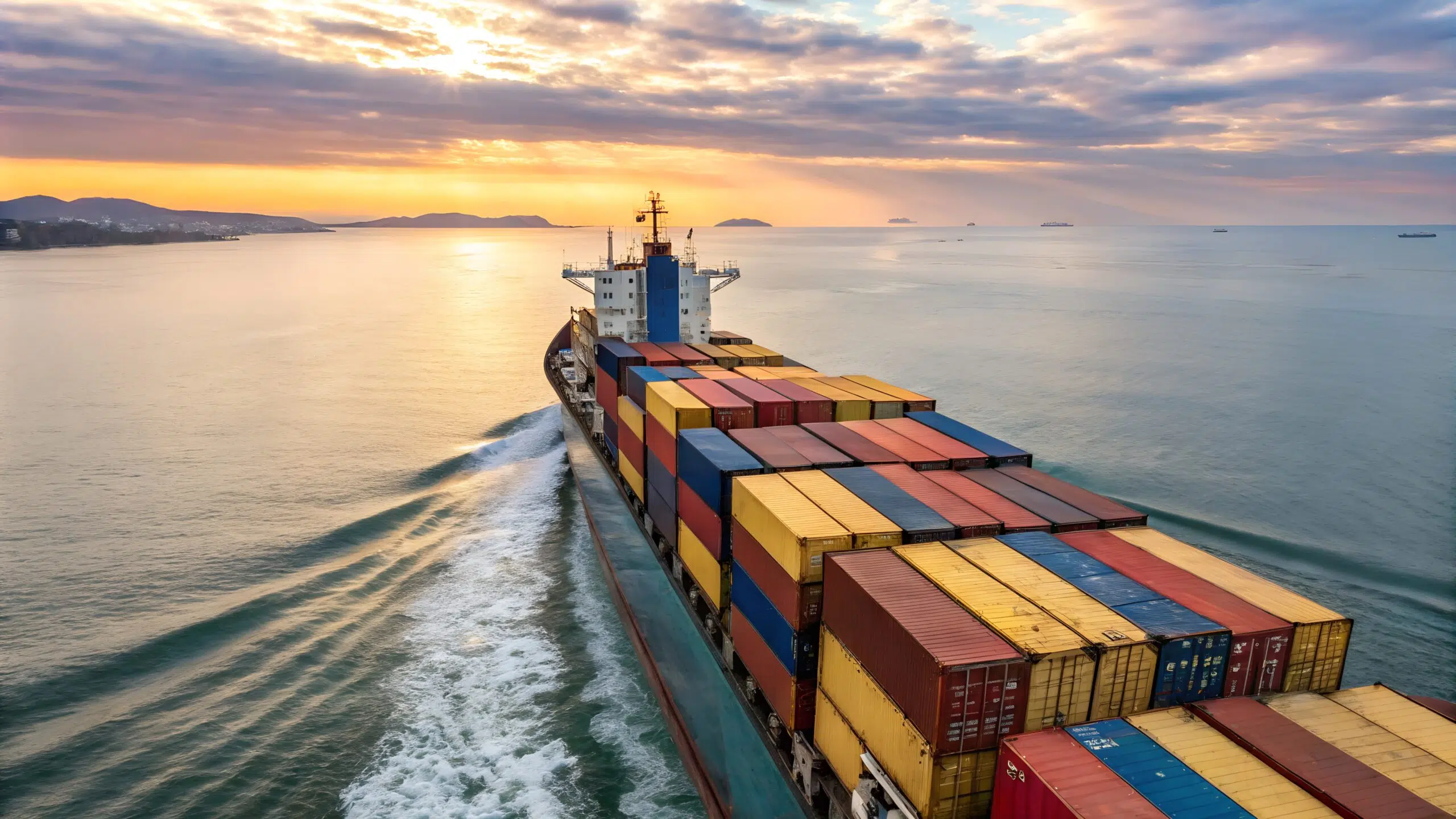 Container ship in the ocean with sunset in the background.