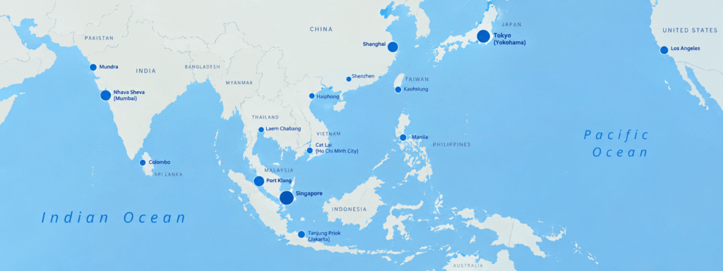 Commercial goods loaded at an Asian origin gateway for export to the United States