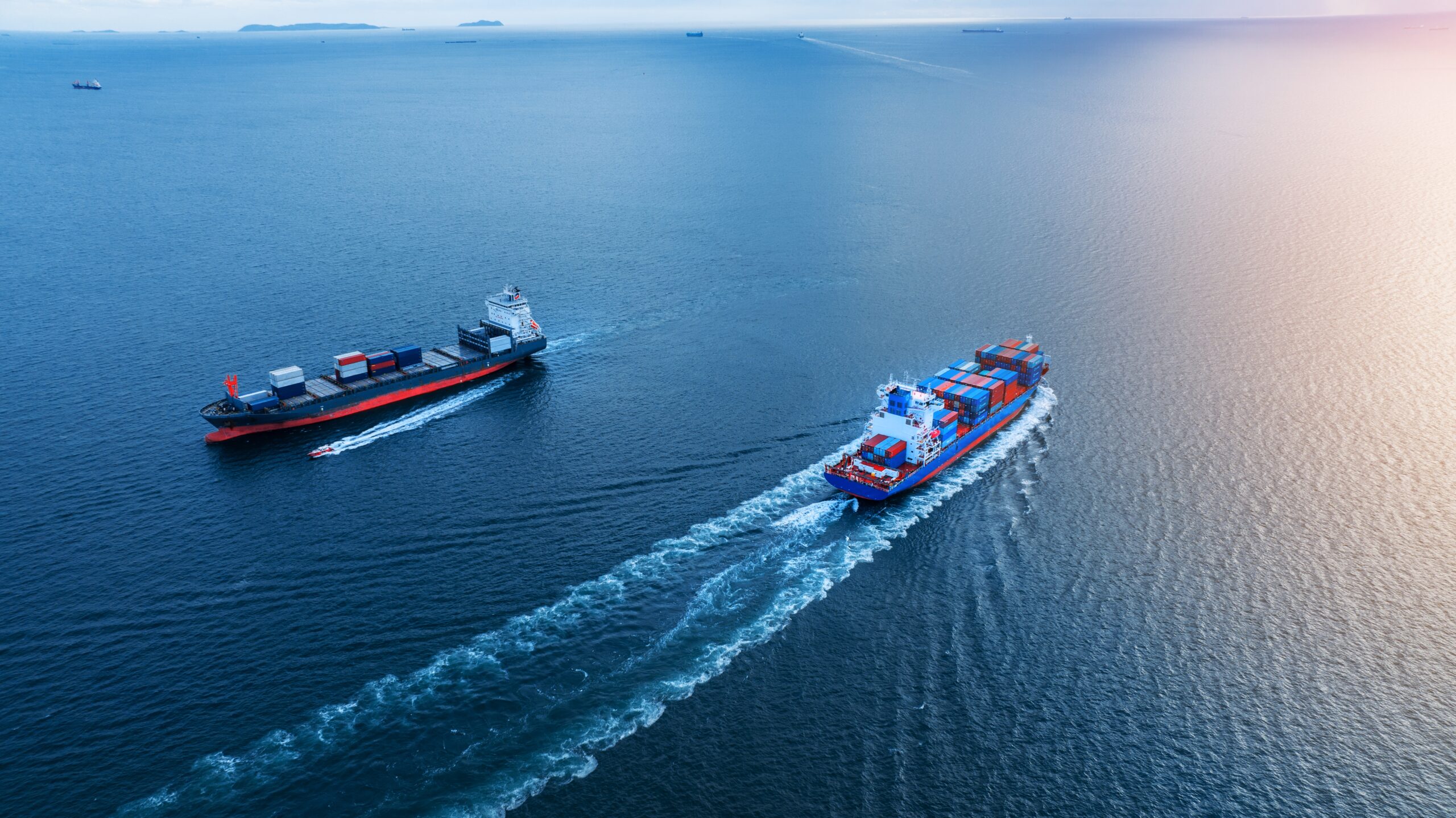 Two large cargo ships sailing in the open ocean.