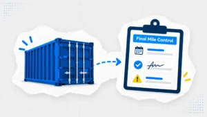 Cargo container on a delivery route map pin marking final mile
