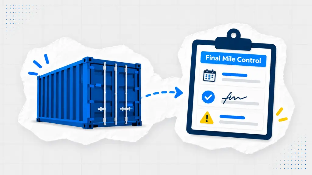 Cargo container on a delivery route map pin marking final mile