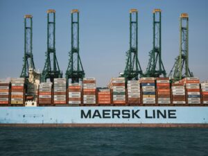 ocean freight containers on carrier at port