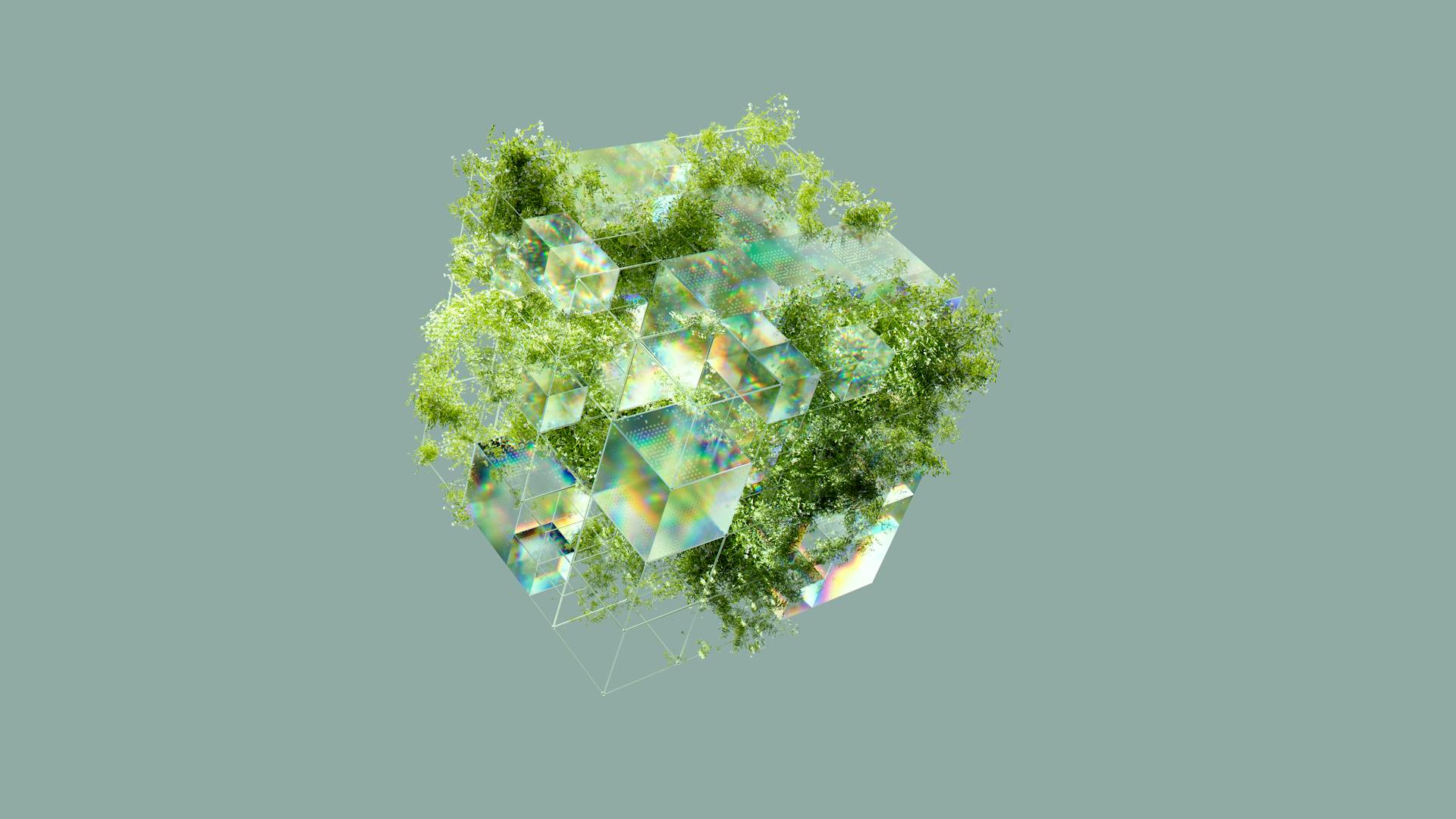 3D cube structure of transparent blocks interwoven with green foliage on a muted background.